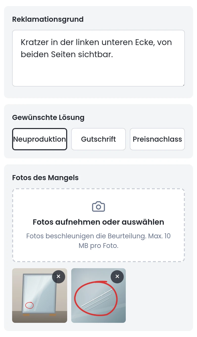 Mangel beschreiben und Fotos hinzufügen