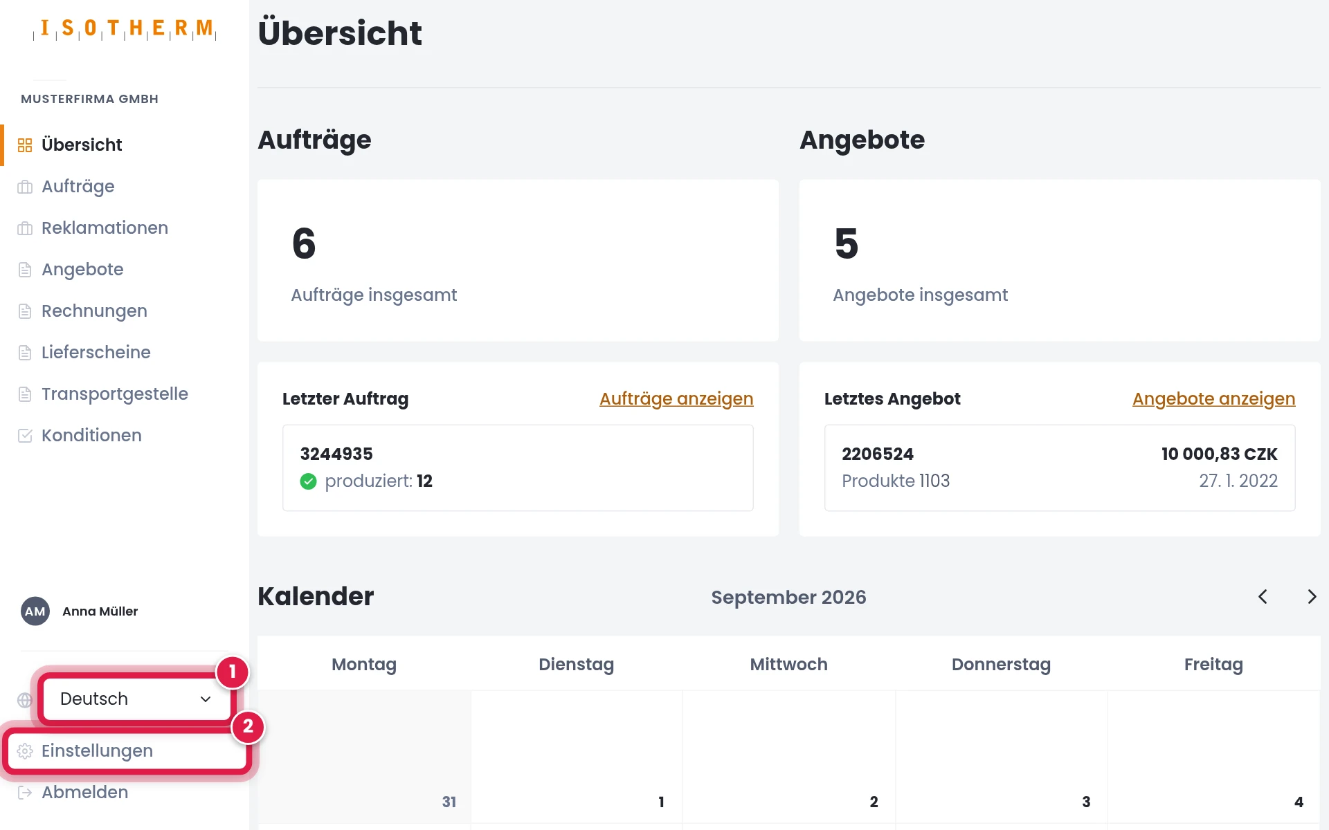 Sprache wechseln und Einstellungen öffnen