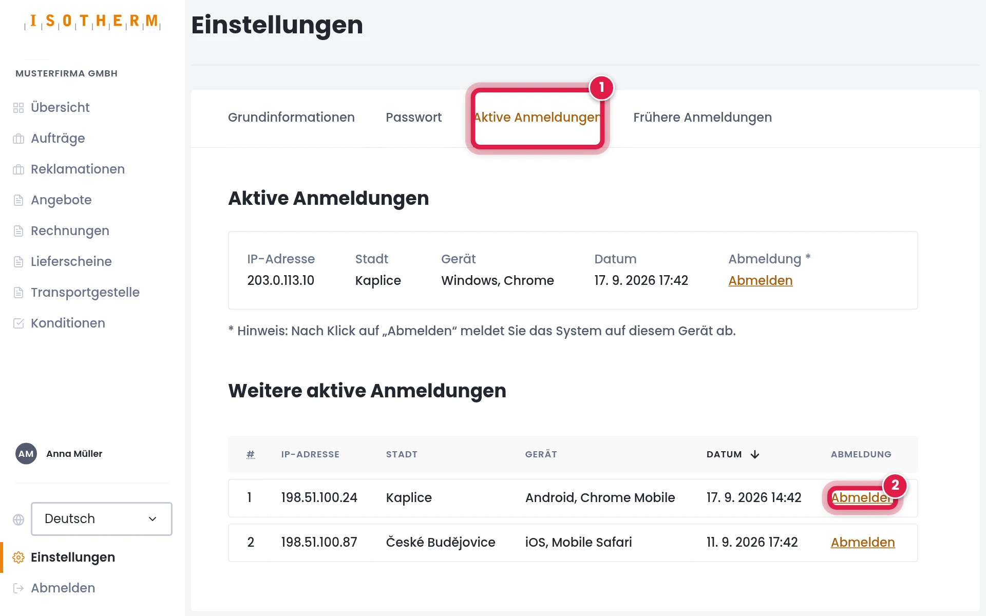 Angemeldete Geräte prüfen