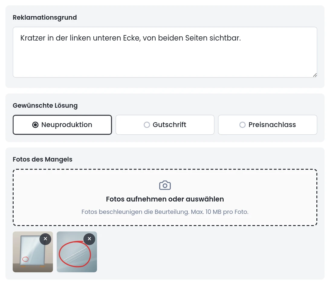 Mangel beschreiben und Fotos hinzufügen