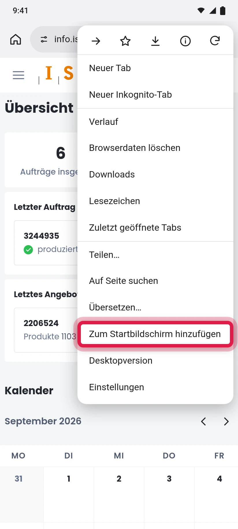 „Zum Startbildschirm hinzufügen“ wählen